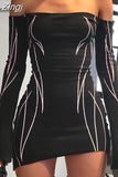 Gothic Black Off Shoulder Long Sleeve Mini Dress Grunge Streetwear Outfits Women Print Party Club Short Dress