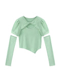 Women's Vintage T-shirt O-Neck Puff Sleeve Streetwear Slim Female Casual Irregular Trendy Design Sexy Hollow Out Tee