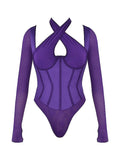 Mesh See Through Slim Bodysuit Women Long Sleeve High Waist Sexy Bodycon Hollow Out Cross Collar Female