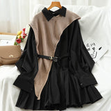 2 Piece Set shirt Dress For Women Streetwear Pleated Midi Dress Irregular Knitted Vest Long sleeve Shirts 2023 Spring