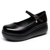 Skin Round Head Heel Slope And Shallow Mouth Single Shoes Waterproof Table Casual Leather Shoes Buckle With Loose Cake Thick-Soled Shoes Women
