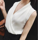 Spring Women Deep V-Neck Shirt Pure Color Tops Female Rayon Sleeveless Elegant Office Lady