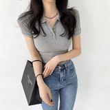 Polo Shirt Women Short Sleeve Cotton Sexy T-Shirt Polo Neck Fashion Slim Solid Tee Female 2022 New Bottoming White