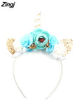 New 2023 Women Kids Party Gold/Silver Unicorn Horn Headband Flower Horn Girls Headwear Birthday Hairband Hair