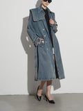 2025 New Design Feeling Takes The Waist Long Joker Wash Old Denim Trench Coat