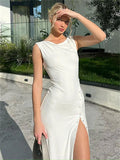 White Sheer Side Button Snap Maxi Dress-Outfit