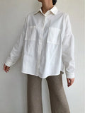 New Spring Double Pockets Turn-down Collar Cotton Women's Blouse Casual Loose Female Blouse Tops Workwear