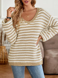 Women's Wear 2025 Winter Casual Ladies V-Neck Loose Striped Long Sleeve