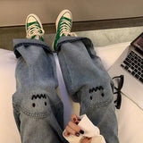 Embroidered smiley jeans women's 2022 spring ins hot new Korean version loose and thin wide-leg straight-leg pants