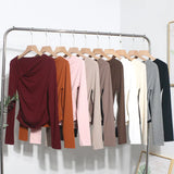 Side Bow Tie Design Folded Long-Sleeved T-Shirt Slim Thin Autumn Dress T-Shirt Short Top