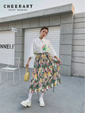 Watercolour Floral Ruched Long Summer Skirts For Women 2022 A Line Midi Skirt High Waisted Korean Fashion