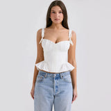 White Peplum Bow Corset Top-Outfit