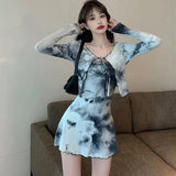 Set Autumn Tie-dye Design Sense Tube Top Dress Women Fashion Cardigan Top Two-piece