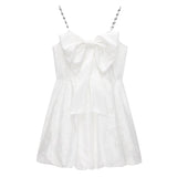 Straps Dress French Jacquard Bow Sleeveless Casual Sexy Fashion Vintage High Waist Baggy Short Skirt Ladies