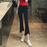 Zingj Fork Micro Bell Pants Female Irregular Edge Nine Pants Autumn New High Waist Show Thin Eight Pants Elastic Pants-Outfit