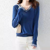 Winter V-neck Mesh Patchwork Elegant Fashion Sweater Ladies Loose Casual All-match Knitting Pullover Female Sweet