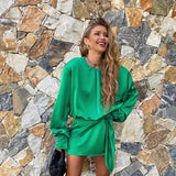 Fashion Green High Waist Women Dress Elegant Long Sleeve Y2K Sheath Bow Sashes Summer Female Holiday Dresses Party