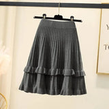 Knit Solid Elastic High Waist Ruffles Pleated Midi Skirt- Outfit