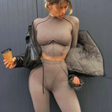 Women Long Sleeve Patchwork Crop Tops Long Pants Two Piece Set Tracksuit 2025 Spring Autumn Clothes Wholesale Items 211-1-Outfit