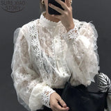 Lace Blouses Stand Collar Tops See Through Shirt Women Blouse Korean Clothing Pearl Buckle Loose Long Sleeve Shirt