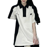 Zingj Short Sleeve T-Shirt Women's Summer Color Splicing Lapel Logo Joker Top Half Sleeve Casual T-Shirt