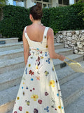 Women Chic Floral Print High Waist Button Skirt Set Sexy V Neck Hollow Out Back Lace Up Vest Suit New Elegant Lady Street