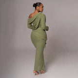 Draped Off-Shoulder Long Sleeve Top And Maxi Skirt Set- Outfit