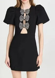 Neck Heart-shape Holllow Out Decor Mini Dress Women Puff Short Sleeve Slim A-line Dresses 2024 Lady High Street