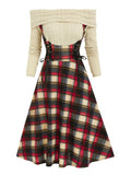 Women Dress Off The Shoulder Lace Up Plaid 2 In 1 Dress Vestidos Autumn Gothic Mixed Media Party