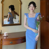 Women Elegant Sleeveless Midi Slim Dress Solid Office Lady One Piece Femme Fashion Vestidos
