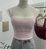 Real-Spat Thai-Style Small Design Mesh Yarn Draw-Folded Breast Sling Sling With Bra Cushion Short Sleeveless Top