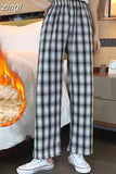 Fashion Warm Plush Pants Thick Plaid Women Casual Loose Wide Leg Trousers Korean Streetwear Straight Student Pants New