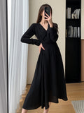 Women Autumn New Elegant Midi Black Dress Solid A Line Femme Fashion Office Lady Sping Clothing
