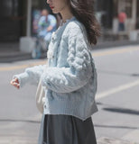 Blue Knitted Rose Buttoned Cardigan- Outfit
