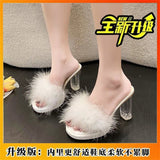 New Summer Sexy High-Heesed Slippers Women's Korean Version Of Rough And Feather Slippers Transparent Belt