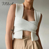 2021 Sleeveless Knitted Crop Sweater Sexy Autumn Summer Fashion Vest Black Casual White Jumper Top Female