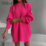 O Neck 2021 Green Sweater Dress Women Knitted Long Sleeve Autumn Winter Y2K Oversized Mini Elegant Dresses Party