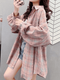 Checkered Baggy Long Sleeve Button Blouse- Outfit