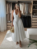 White Patchwork A-line Women Midi Dress Fashion Crew Neck Sleeveless Long Dresses Female Party Commute Street