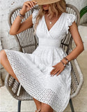 New Lotus Leaf Sleeve Elegant Thin V-Neck Women's Fashion Fashion Hollow Dress Dress