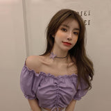 Sexy off Shoulder Crop Top Ruffles White Shirt Women Puff Sleeve Harajuku Tee Shirt Chiffon Blouse Fashion Lace