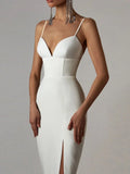New Summer Women White Bodycon Bandage Dress Sexy V Neck Spaghetti Strap Club Celebrity Evening Runway Party Long