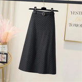 Stripe Autumn Winter High Waist Woolen Skirt With Belt Women High Waist Lady Fashion Casual Streetwear A-Line Midi
