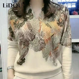Winter Landscape Printing Diamonds Elegant Fashion Sweater Ladies 6XL Loose Casual All-match Pullover Top Knitting