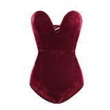 Burgundy Strapless Velvet Sexy Bodysuit Women Sweetheart Bodycon Backless Lace Up Body 2022 V Neck Party
