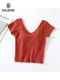 Women Shirts Cotton Short Sleeves with Bra Pads and Cups Home Sports T-Shirt Women V Neck Summer Comfortable Tops