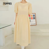 2021 Summer Polka Dot Dress Woman White Yellow Midi Dress Loose Short Sleeve Tassel