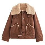 Corduroy Turn-down Collar Fur Lining Jacket- Outfit