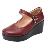 Spring And Autumn Middle Heel Slope Single Shoes Women's Muffin Thick Bottom Waterproof Platform One Word Buckle Shallow Mouth Flat Sole High Heel Mother's