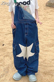 Denim Overalls Pants Vintage Blue Loose Women Y2k Full Length Jeans Wide Leg Pockets High Street Pantalones